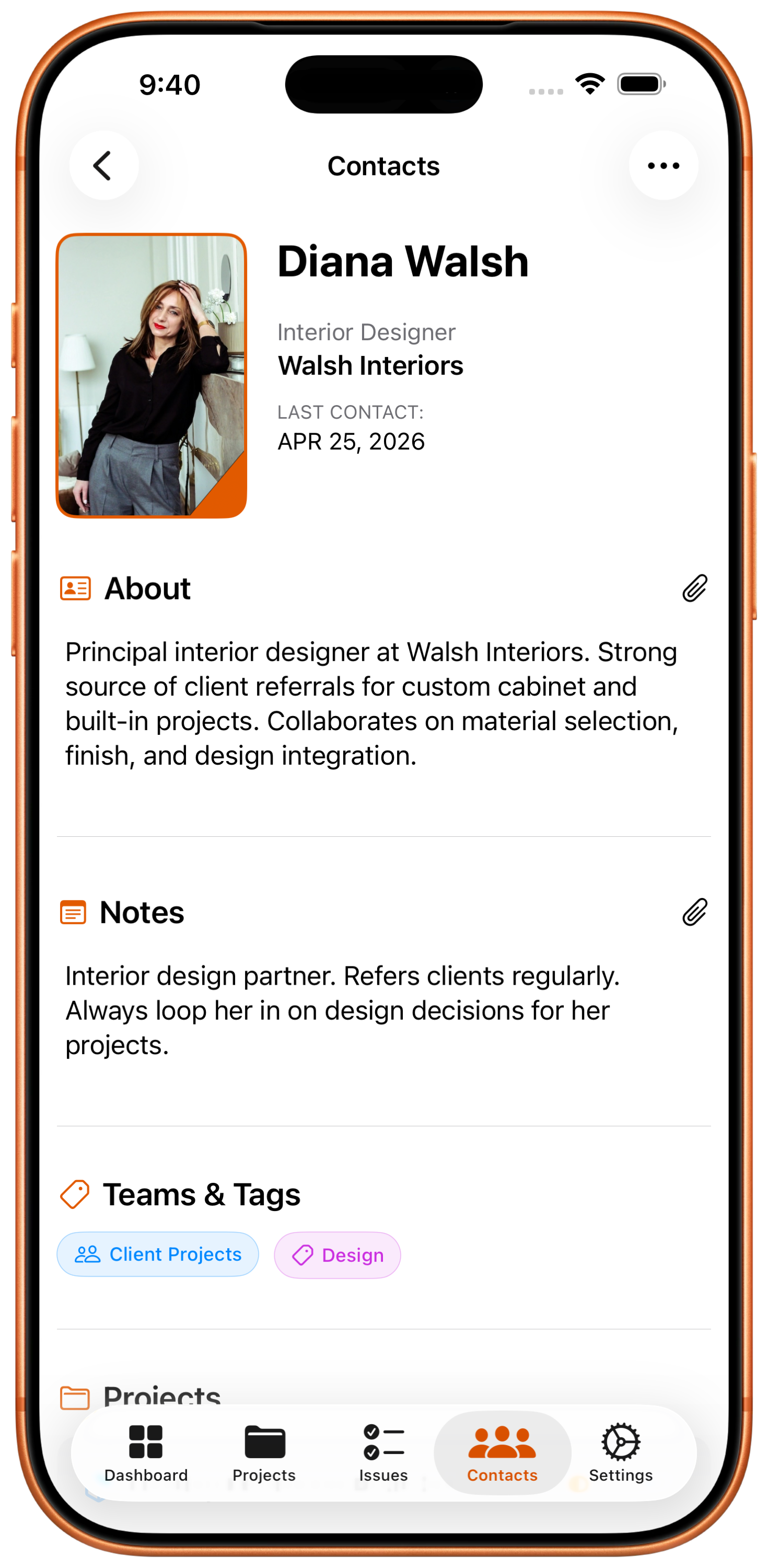 Contractor contact on iPhone